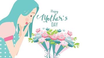 feliz día de la madre cerca de mamá sonriendo y sorprendiendo. mujer atractiva con flores. hembra con tulipanes. ramo de primavera. estilo de diseño plano de ilustración de vector colorido. - vectores