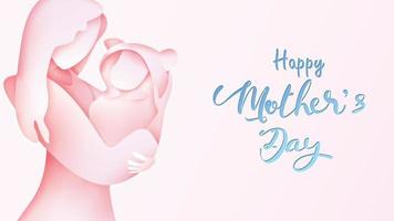 Happy mother's day greeting card. Paper cut style beautiful Mum smiling and holding healthy baby with full of happiness in pink background. Vector illustration. - vector