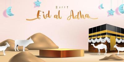 Eid al adha islamic decoration display podium background with goat, camel , cow , moon and star . Product showcase for ramadan kareem, mawlid, eid al fitr, muharram vector
