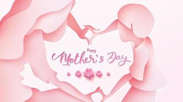 Happy mother's day greeting card. Paper cut style little boy congratulates mom with dancing and hands showing heart shape symbol in pink background. Vector illustration. Copy space for text. - Vector