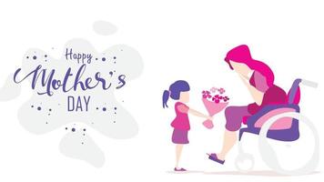 Happy mother's day Child daughter congratulates disabled mum in wheelchair and gives her flowers tulips. Mum smiling and surprising. Vector illustration flat cartoon design style. - vector