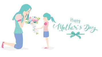 Happy mother's day Child daughter congratulates mom and gives her flowers tulips. Mum smiling and surprising. Colorful vector illustration flat design style. Flat cartoon style. - vector