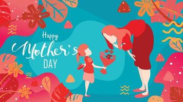 Happy mother's day Child daughter congratulates mom and gives her flowers tulips and a gift box behind backs . Vector illustration flat design style with living coral color trendy 2019. - vector