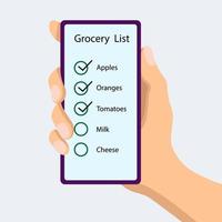 customer's hand holds a mobile phone with a grocery list vector