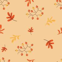 Autumn seamless pattern with cartoon oak leaves and rowan berries vector