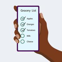 black hand holds a mobile phone with a grocery list vector