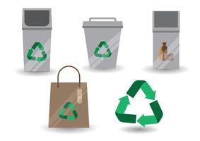 3 tipos de botes de basura, marca de reciclaje, bolsa de papel sobre fondo blanco. vector