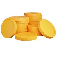 Three stack gold coins with multiple coins facing forward on white background - 3d render illustration photo