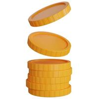 single gold coin stack with multiple coins floating white background - 3d render illustration photo