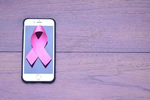 Pink ribbon on table with mobile phone. Concept for protesting and supporting the breast cancer against in woman. photo