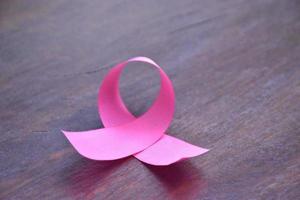 Pink ribbon on wooden table, concept for fighting against breast cancer in woman around the world. Selective focus and copy space. photo