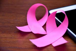 Pink ribbon on table with mobile phone. Concept for protesting and supporting the breast cancer against in woman. photo