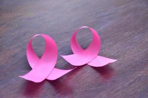 Pink ribbon on wooden table, concept for fighting against breast cancer in woman around the world. Selective focus and copy space. photo