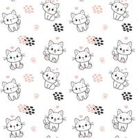 seamless pattern background cute happy smile kitten cat sitting cartoon doodle hand drawing isolated on white background vector