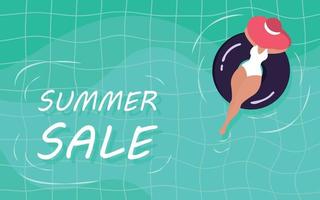 Summer Sale poster and banner template with Women on round pool floats in the tiled pool Background. Sale banner Design for Summer in flat lay styling. Promotion and shopping template for Summer