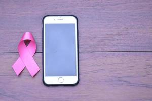 Pink ribbon on table with mobile phone. Concept for protesting and supporting the breast cancer against in woman. photo