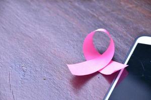 Pink ribbon on table with mobile phone. Concept for protesting and supporting the breast cancer against in woman. photo