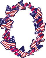 Wreath with national America flag, butterfly and flowers. vector