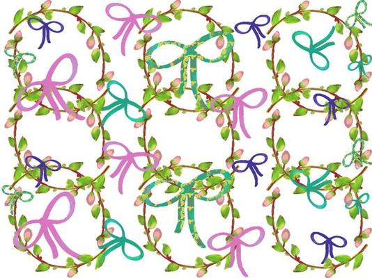 Watercolour ribbons pattern with flowers. Branches background.