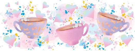 Coffee cup pattern, watercolour wallpaper with hearts and splashes. vector