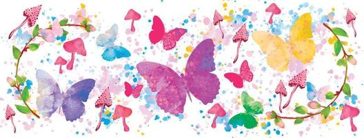Watercolour wallpaper, pattern with flowers, mushroom, butterfly and splashes background. vector
