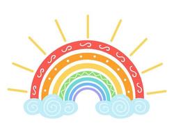 Rainbow with rays. Illustration for printing, backgrounds, covers, packaging, greeting cards, posters, stickers, textile and seasonal design. Isolated on white background. vector