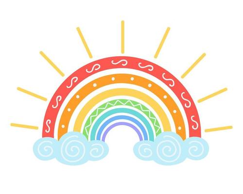 Rainbow with rays. Illustration for printing, backgrounds, covers, packaging, greeting cards, posters, stickers, textile and seasonal design. Isolated on white background.