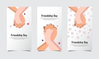 celebration friendship day design template stories with hand shake people and paper hearts vector