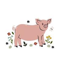 Cute pig and flowers isolated on white background. Vector graphics.