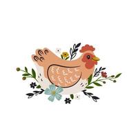 Cute chicken and flowers isolated on white background. Vector graphics.