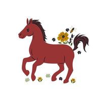 Cute horse and flowers isolated on white background. Vector graphics.