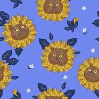 Seamless pattern with cat faces and flowers. Vector graphics.