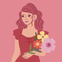 Girl with a bouquet of flowers. Vector graphics.