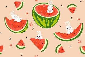 Seamless pattern with watermelon rabbits. Vector graphics.