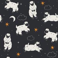 Seamless pattern with cute sheep, moon and stars. Vector graphics.