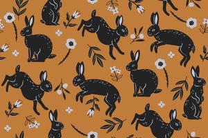 Seamless pattern with black rabbits and flowers on an orange background. Vector graphics.