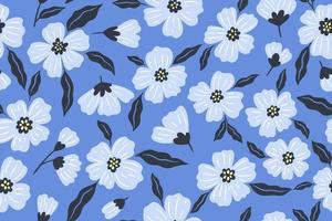 Seamless pattern with white flowers on a blue background. Vector graphics.