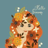 Postcard with a portrait of a girl with flowers in her hair. Vector graphics.