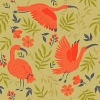 Seamless pattern with ibises, flowers and leaves. Vector graphics.