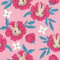 Seamless pattern with rabbit faces and flowers. Vector graphics.