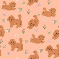 Seamless pattern with cute dogs and flowers. Vector graphics.