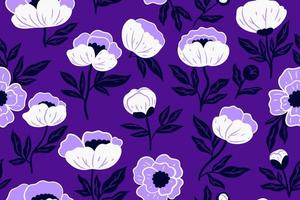 Seamless pattern with white peonies on a purple background. Vector graphics.