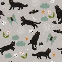 Seamless pattern with witch magic cats. Vector graphics.