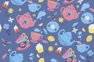 Seamless pattern with sweets, teapots and cups. Vector graphics.