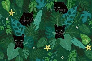 Seamless pattern with panthers and tropical leaves. Vector graphics.