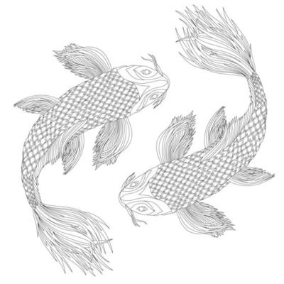 Two Japanese carps in the style of feng shui symbols. Pisces as a zodiac sign. Black illustration.