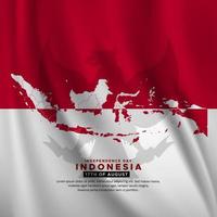 fantástico fondo del día de la independencia de indonesia con bandera ondulada y mapas indonesios. vector del día de la independencia de indonesia