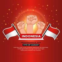 Shiny Indonesia Independence Day design with wavy flag and gesture fist. vector