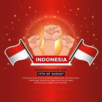 brillante diseño del día de la independencia de indonesia con bandera ondulada y puño de gesto. vector