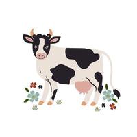 Cute cow and flowers isolated on white background. Vector graphics.